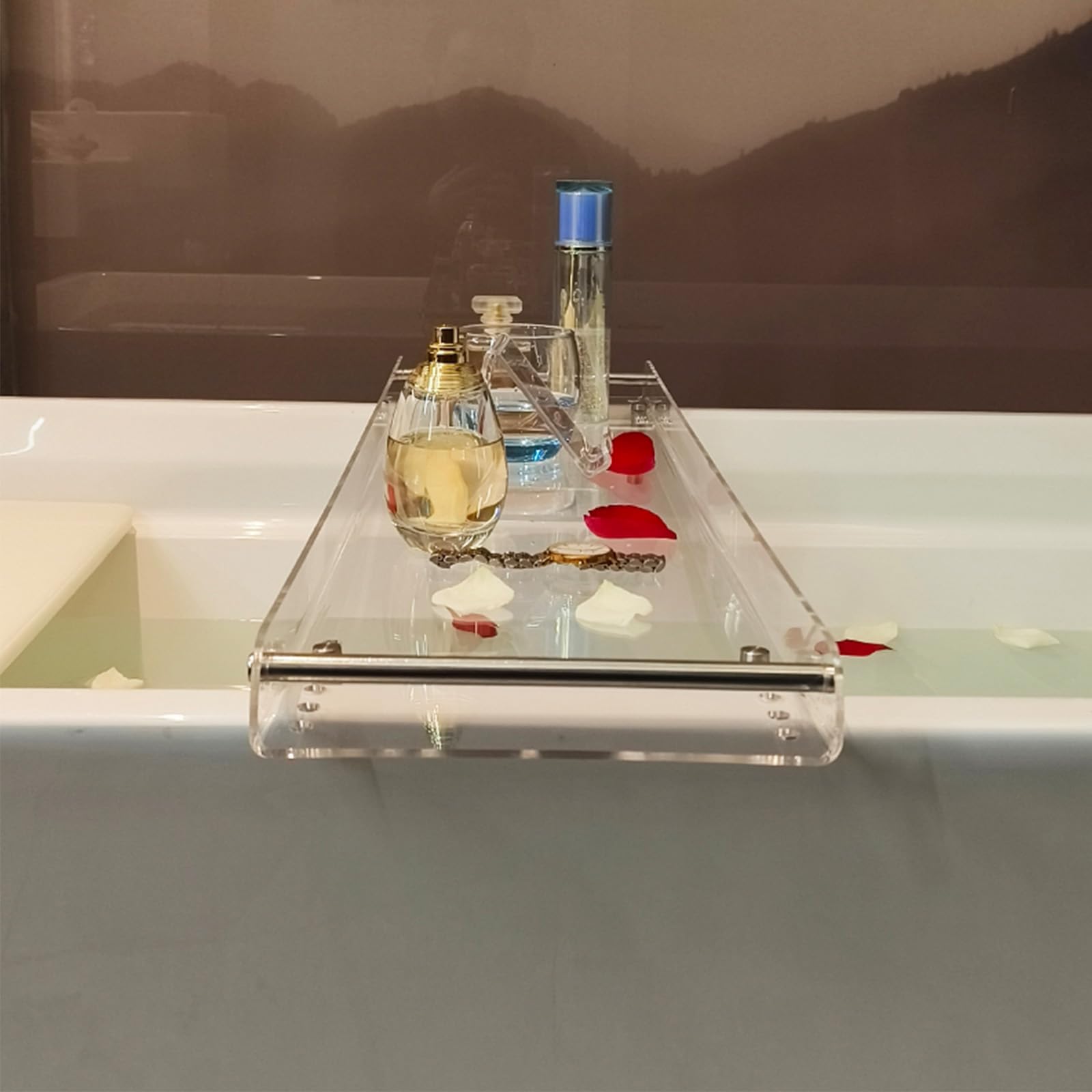 Badewannentabletts, verstellbares Badewannentablett aus Acryl, Badewannenablage, Badewannenablage, Ablage für die Badewanne, Badezimmer-Organizer, transparente Parfümablage, Arbeitsplatte, t
