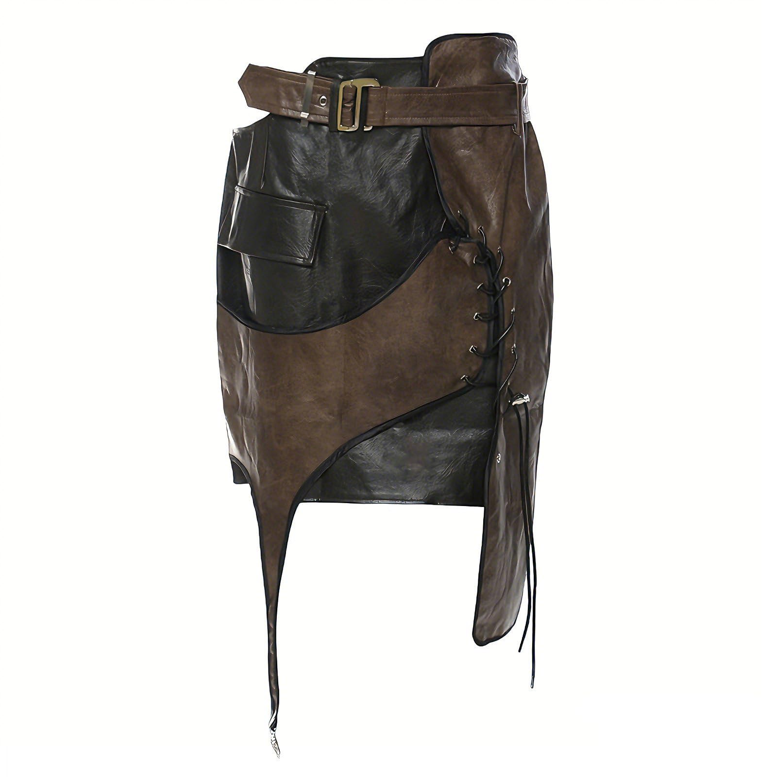 Womens PU Leather Skirt Trendy Irregular Patchwork Design Casual Bodycon Streetwear Wrap Skirts with Belt