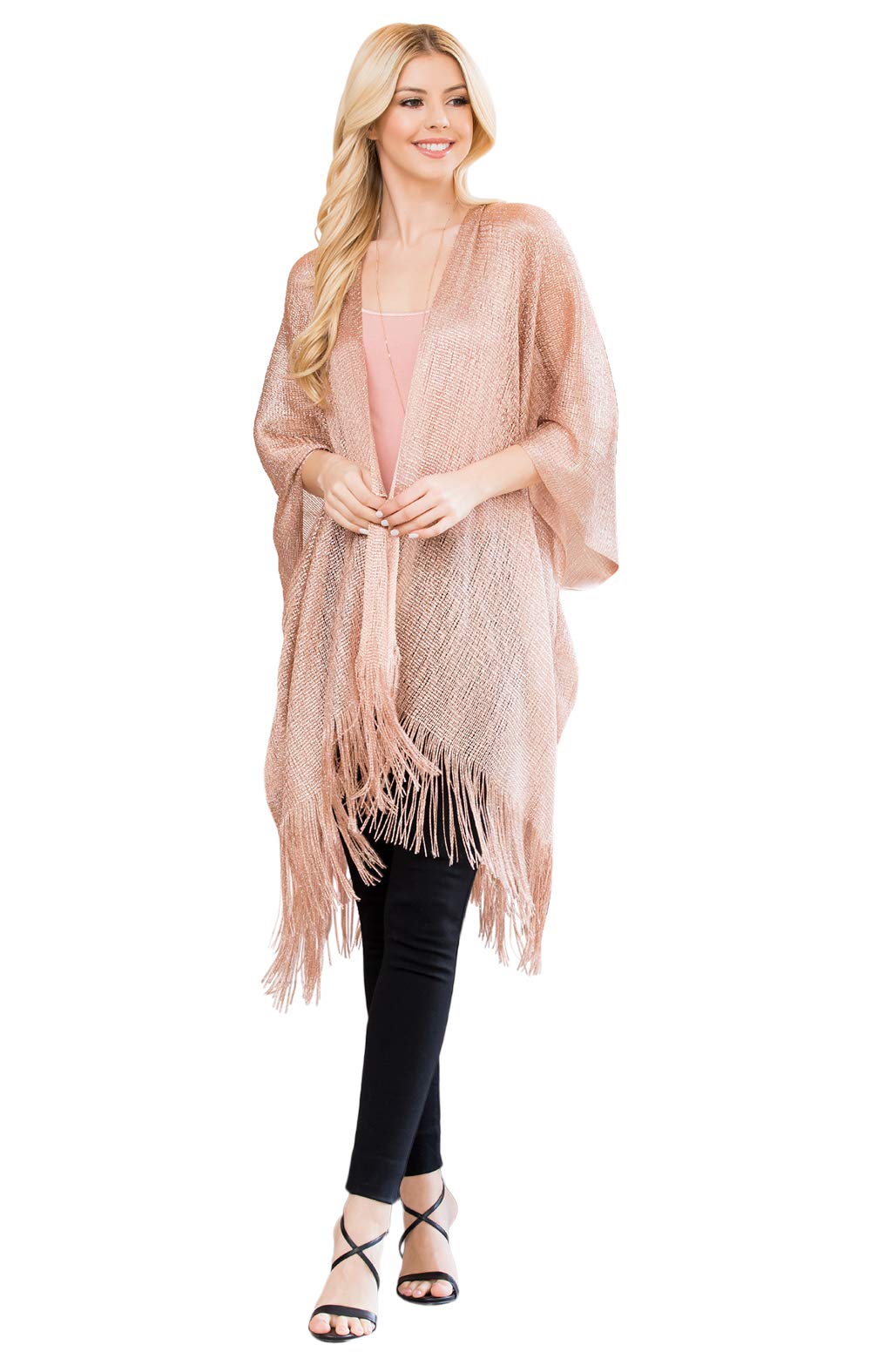 RIAH FASHION Bohemian Sequin Glitter Shawl Wrap Poncho - Kimono Cardigan, Sparkly Metallic Mesh Scarf, Open Knit Crochet