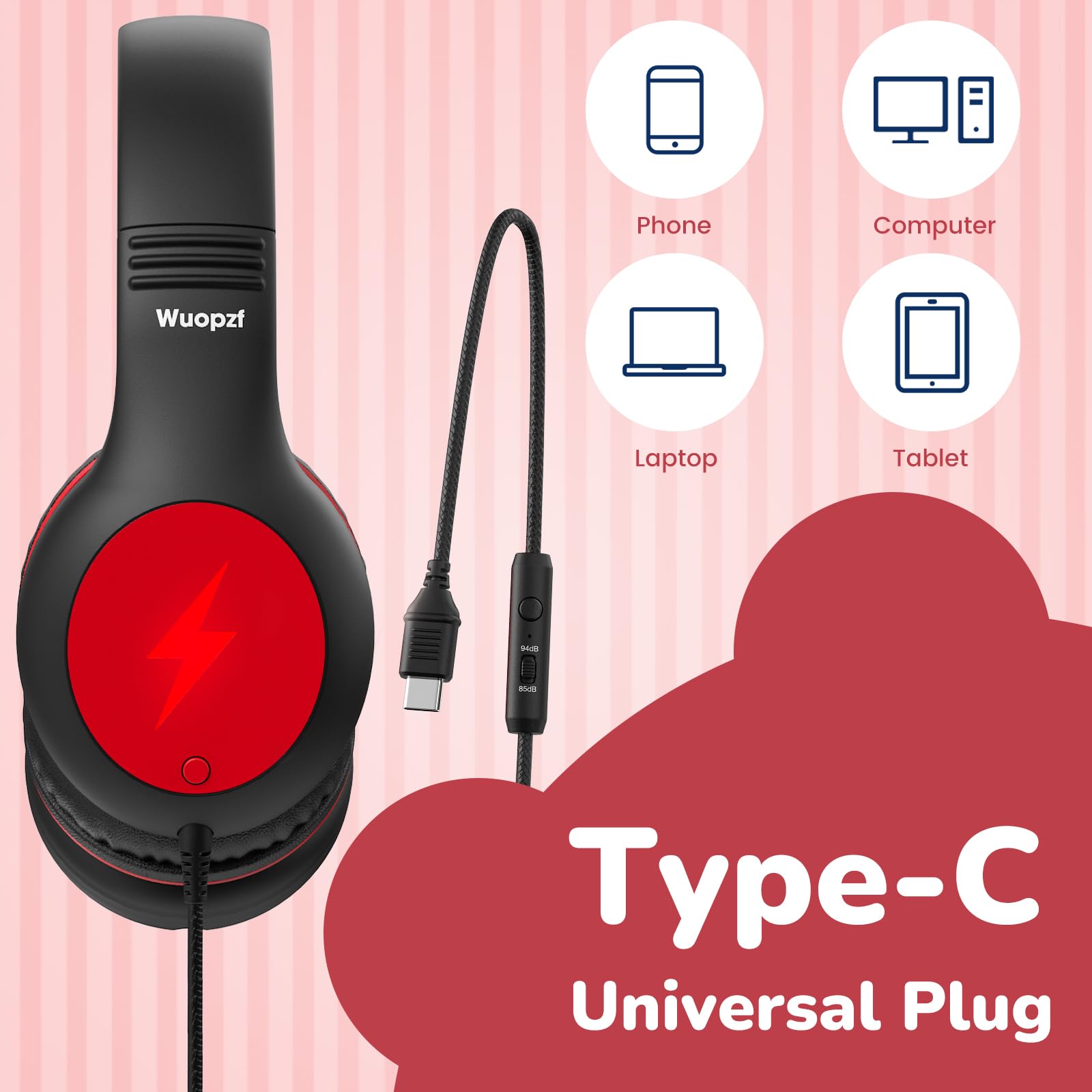 Kinder USB C Kopfhörer für Schule, sicheres Hören, kabelgebundene Over-Ear-Kopfhörer