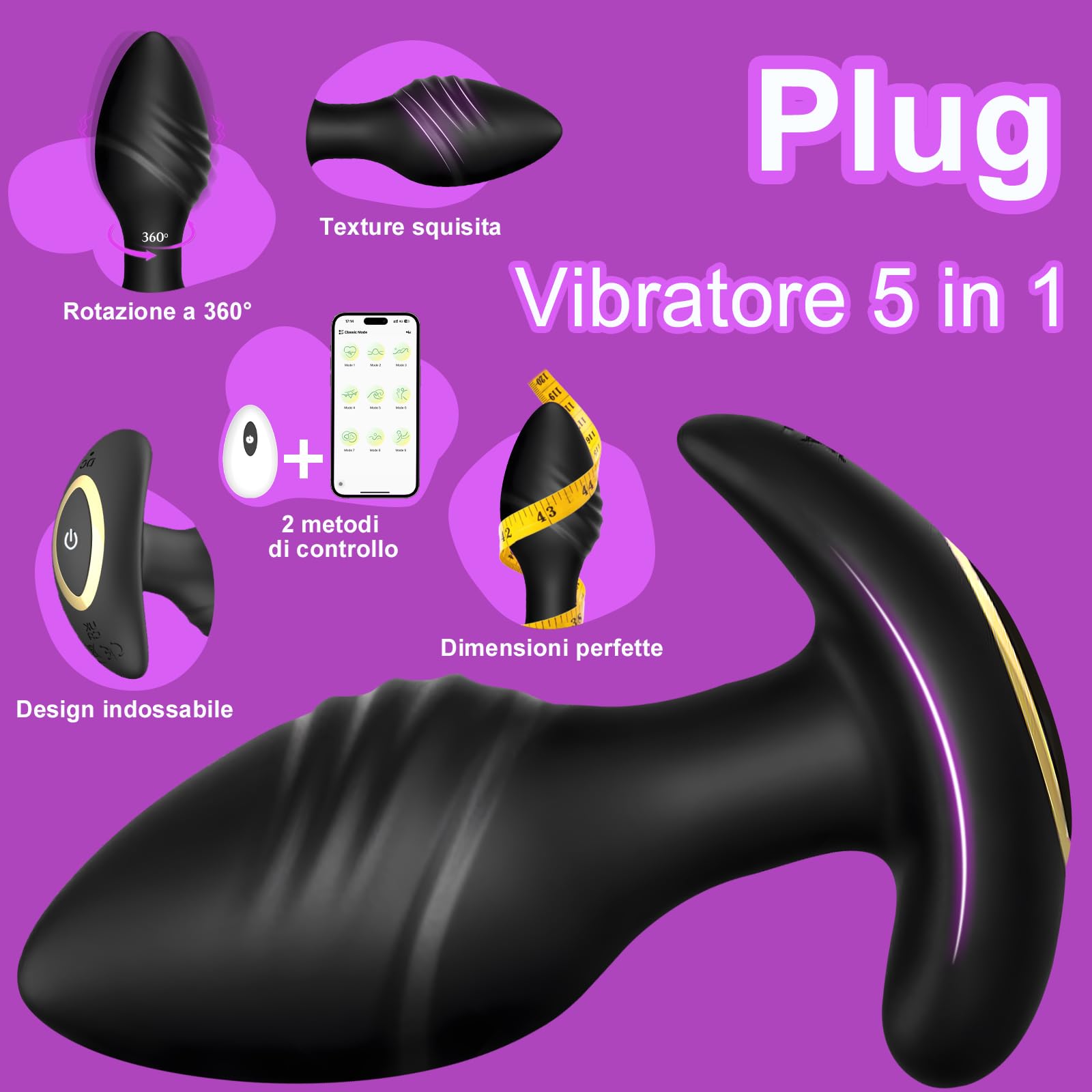 Vibratore Plug Anale Vibratoreper Donna Professionale con Telecomando APP Plug Anale-Dilatatore Donna (preto)