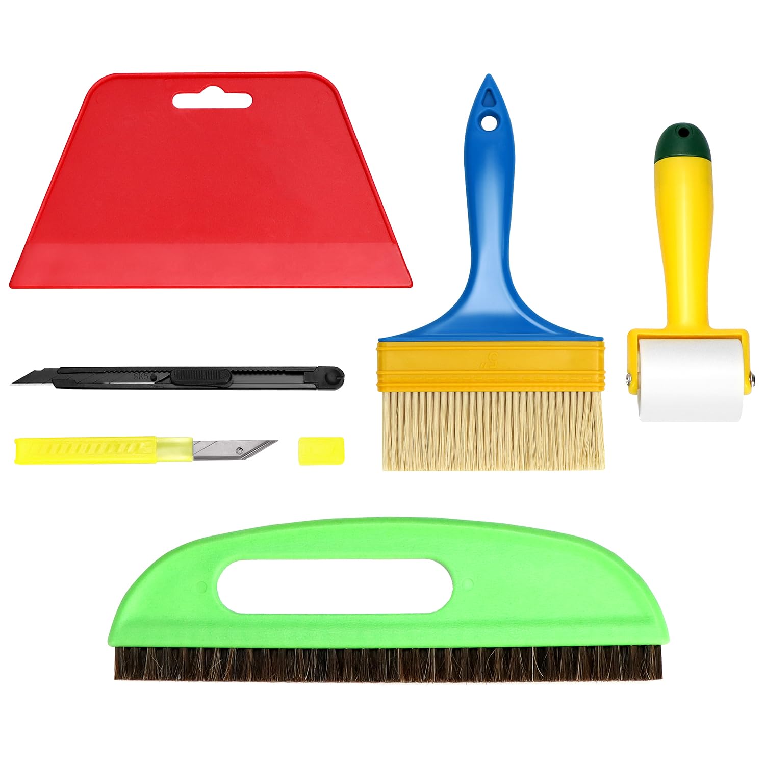 QWORK® Kit de Herramientas para Papel Pintado - Espátula de Papel Tapiz, Cepillos, Rodillo, Cúter y Cuchillas de Recambio - Ideal para Película de Ventanas y Todo Tipo de Papel Pintado