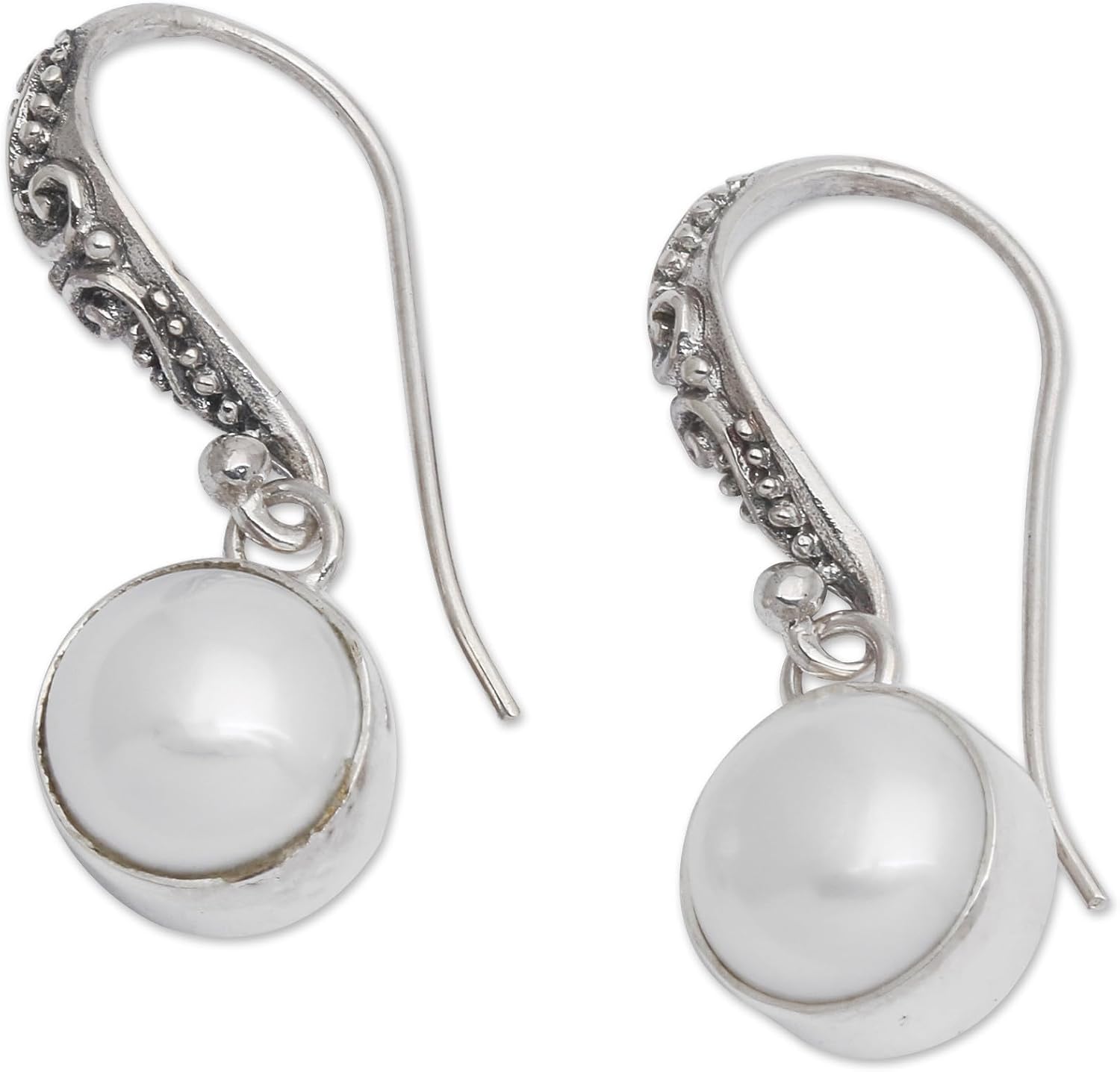 NOVICA Artisan Handcrafted Cultured Freshwater Pearl Dangle Earrings Sterling Silver Bali White Indonesia Birthstone [1.2 in L x 0.4 in W x 0.3 in D] ' Purity of Moonlight'