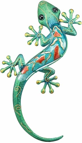 Ebros Gift Gecko de lagarto de metal turquesa grande con cuerpo de vidrio azul, decoración de pared de 18.5 pulgadas de largo, diseño de metal de