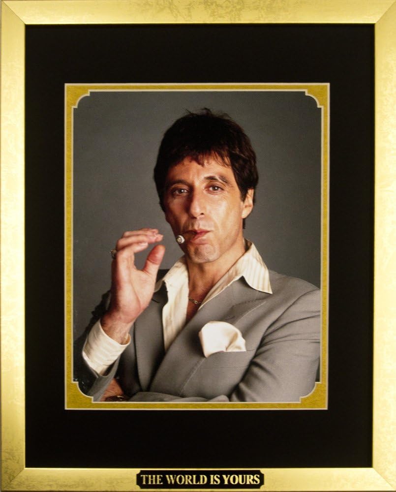 Scarface Movie Memorabilia Al Pacino as Tony Montana with Cigar Framed Movie Photo with Plate Custom Made Real Wood Modern Gold Frame (12 1/2 x 15 1/2")