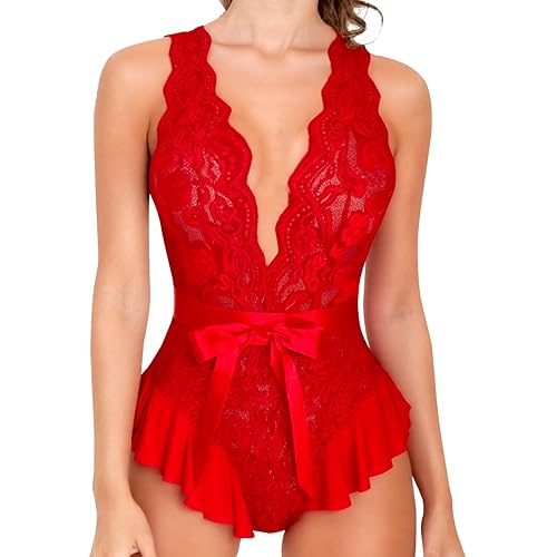 UoQo Women's Lace Bodysuit Sexy Lace Teddy Lingerie Women's One Piece Lingerie - Date Night Anniversar Christmas and Valentine's Day Options for Women - L - Red