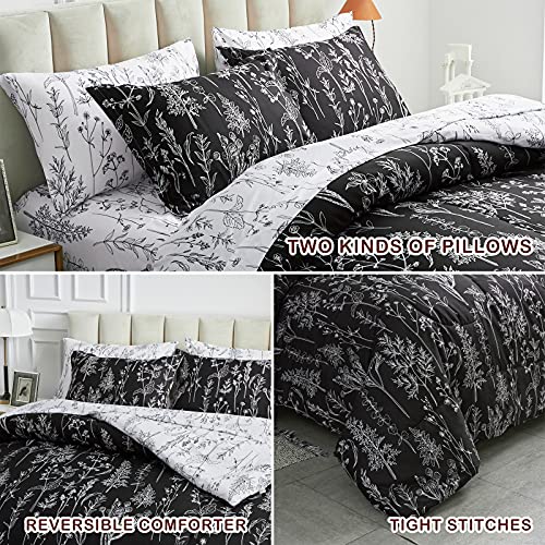 Joyreap 7 Piece Bed In A Bag, Botanical Bedding Set Queen Size Comforter Set For All Season- Black N White Reversible Design- 1 Comforter, 2 Pillow Shams, 1 Flat Sheet, 1 Fitted Sheet, 2 Pillowcases #TOP5