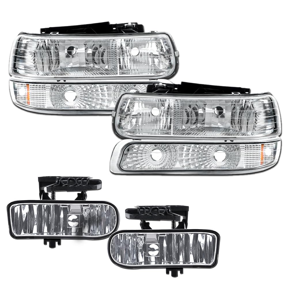 GRAND ORANGE 4Pcs Headlights 2Pcs Fog Lights Amber Reflector Compatible with Chevy 1999-2002 Silverado 1500 2500/2000-2006 Suburban Headlamps Tahoe Pickup Truck