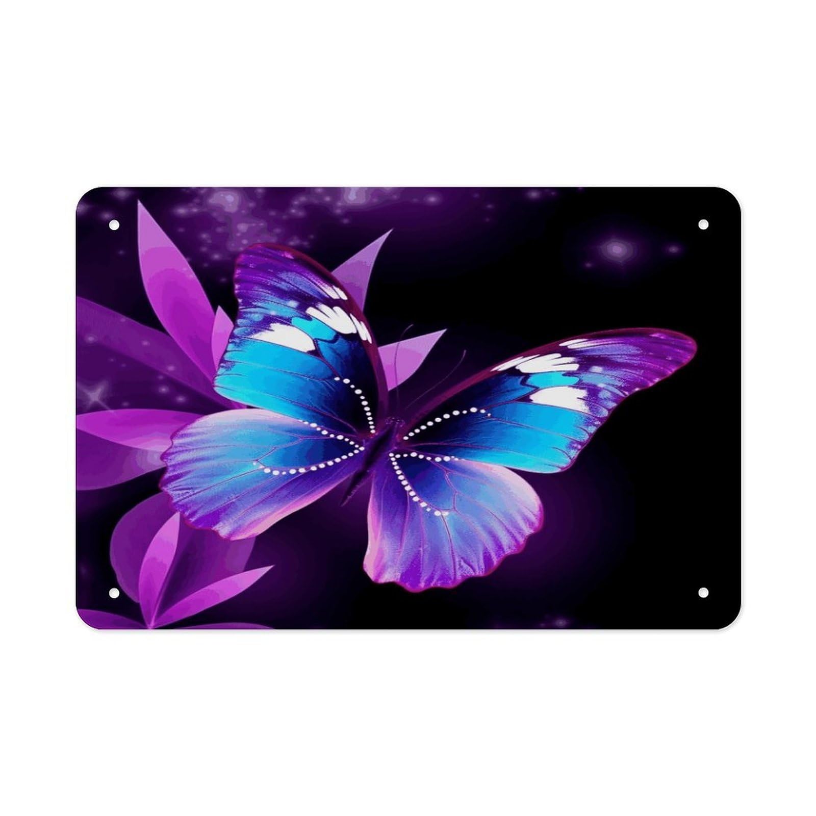 Blue Purple Butterfly Metal Tin Sign 12"x8" Wall Art Prints Poster Decorative Picture Metal Signboard Decor Painting Folded Edge Iron Sheet Painting with Holes for Wall Decor