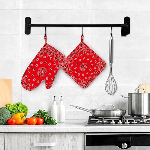 Miniatura 4 de Western Paisley - Juego de guantes de horno de silicona y soportes para ollas, bandana, patrón sin costuras con adornos rojos y blancos, guantes de