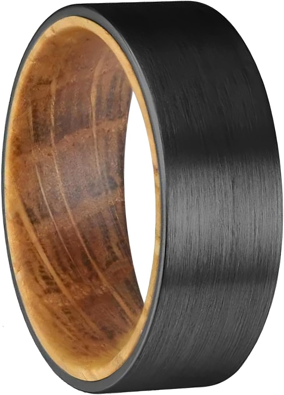 Whiskey Barrel Ring Mens Wedding Bands 8mm Bourbon Wood and Tungsten Rings for Men Brushed Black Finish Rustic Wooden Anniversary Gift for Whisky Lovers Sizes 6-16
