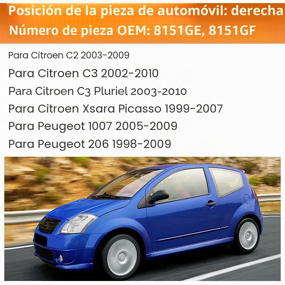 SENZEAL Cristal del Espejo Derecho para Citroen C2 C3 Pluriel Xsara Picasso Peugeot 1007 206 Lado del Pasajero Calefactado con Placa de Soporte 8151GE 8151GF (Derecho)
