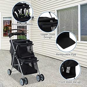   Dog-Stroller-4-Wheels-Cat-Stroller-Double-Layer-Pet-Stroller-Pet-Carriers-Jogger-Stroller-for-Medium-Dogs-Cats-Travel-Camping-Strolling-Cart-with-Cup-Holder-Removable-Liner-Black