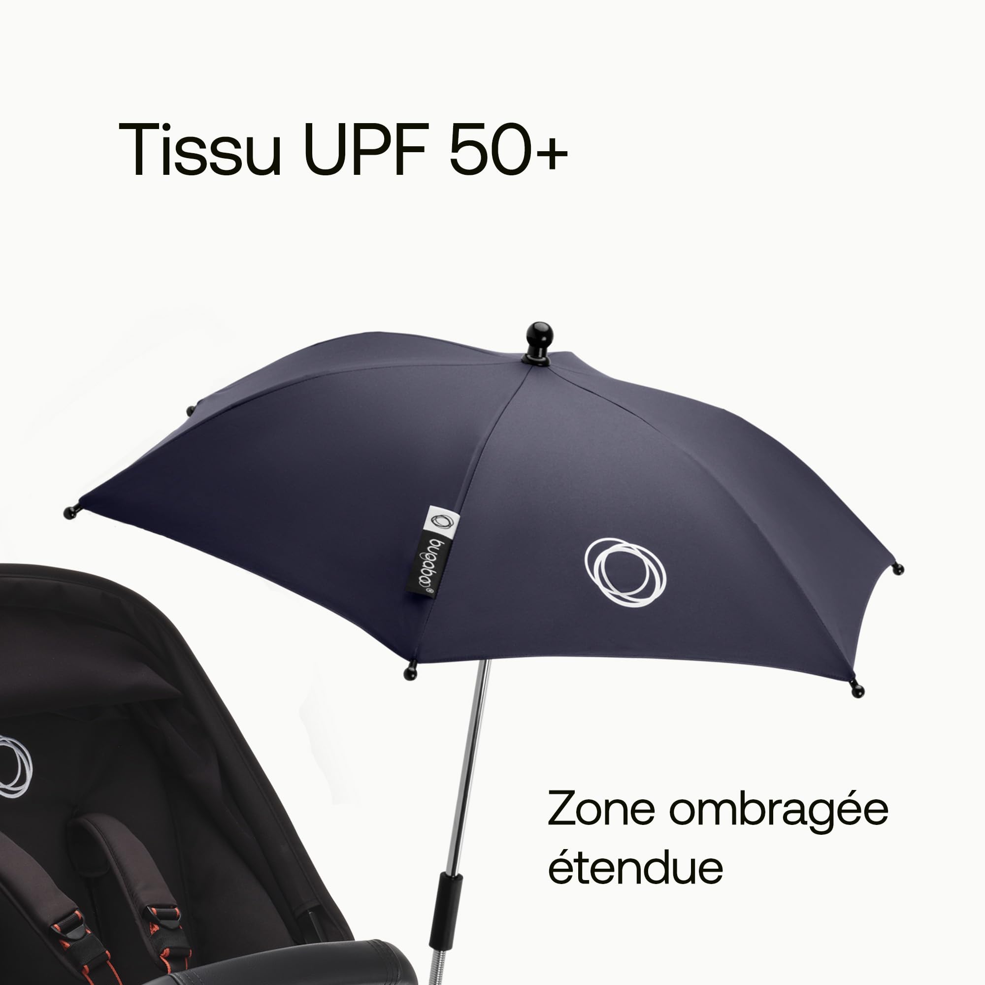 Bugaboo Parasol+, compatible avec toutes les poussettes Bugaboo en tissu avec protection UPF 50+ contre les rayons UV, connexion en un clic et mécanisme facilement réglable, Deep Indigo