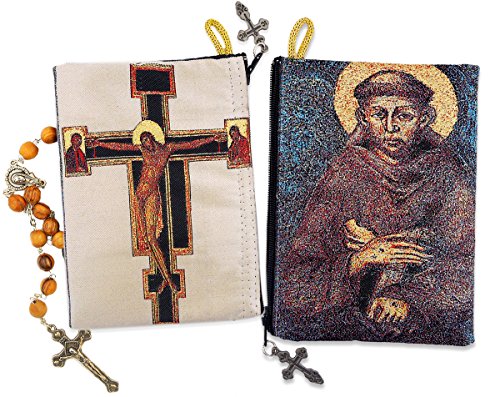 Saint Francis Icon and Saint Damiano Cross Crucifix Rosary Pouch