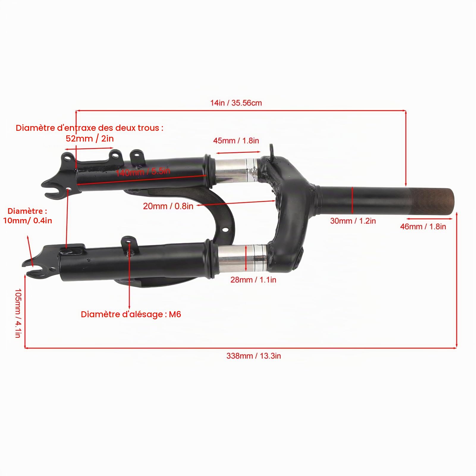 BROLEO Fourche avant Amortisseur hydraulique à suspension en alliage d'aluminium pour trottinette électrique, moto, vélo électrique, pour pneus de 14 pouces