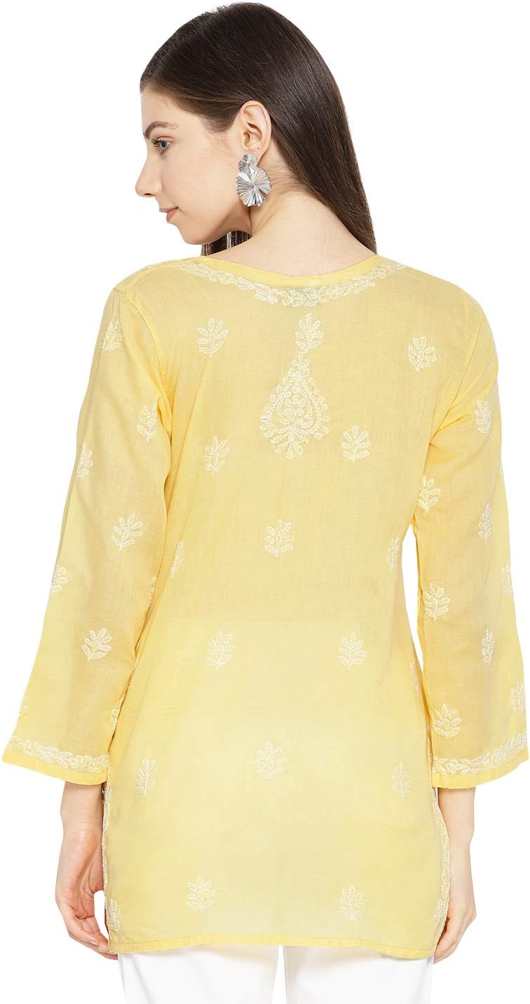 Ada Hand Embroidered Indian Chikankari Straight Cotton Tunic Top Kurti Shirt for Women A509732 (Yellow, 3X-Large) - Image 4