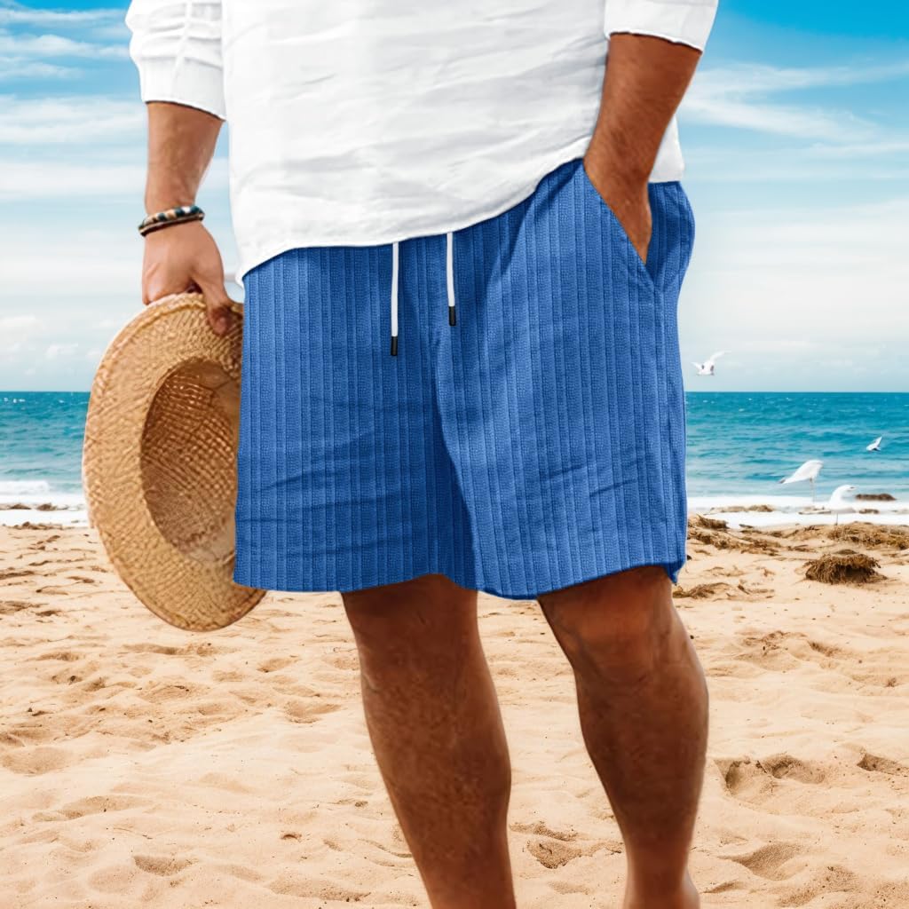 Men's Linen Shorts Casual Elastic Waist Drawstring Summer Beach Vacation Shorts