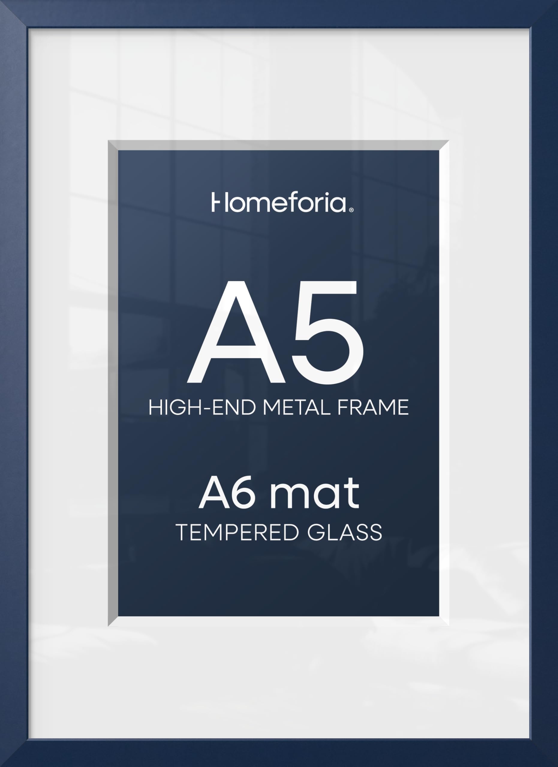 Homeforia A5 Blue Picture Frame, High-End Metal, A6 Mat, Glass | High End Aluminum, Tempered Glass, Acid-Free A6 Removable Mat, A5 Edge-to-Edge Display, Wall Kit, Set Of 1