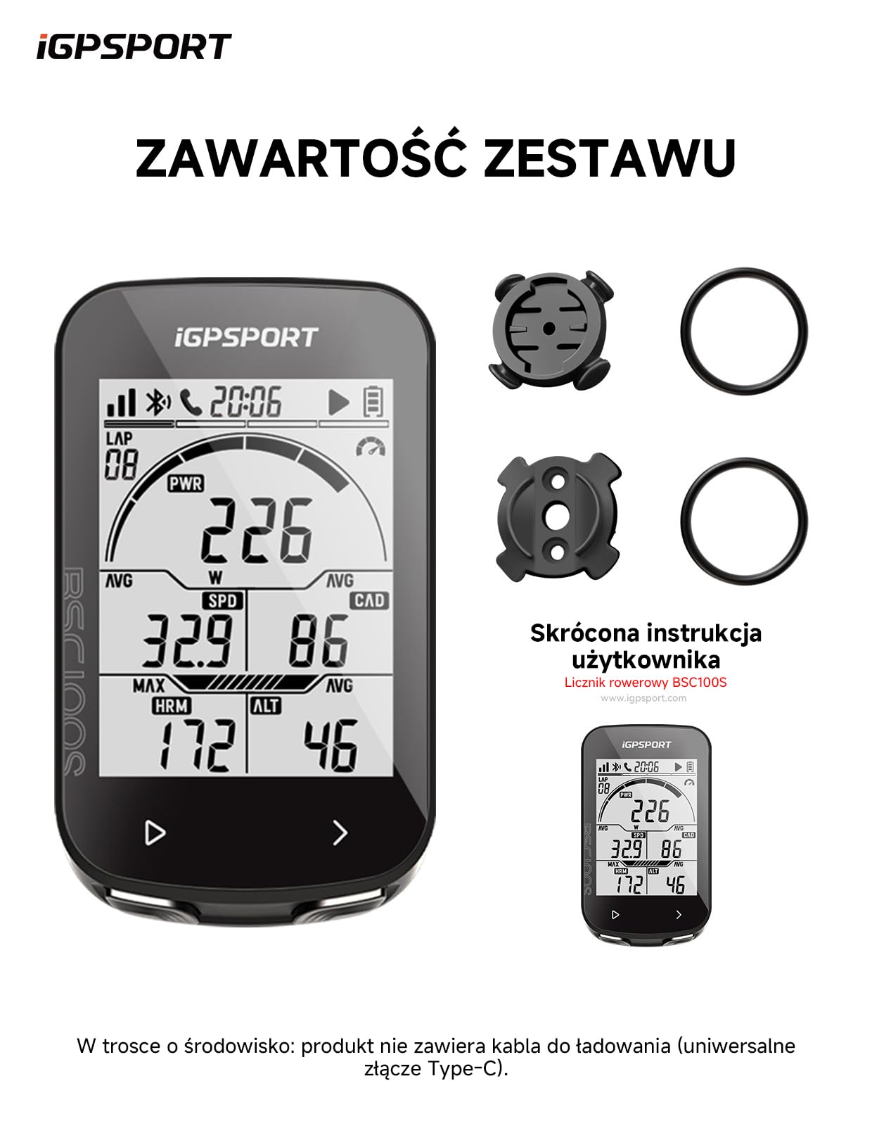iGPSPORT BSC100SLicznik Rowerowy Bezprzewodowy, Ekran 2,6 Cala, 40 Godzin Pracy Na Baterii, Czujniki ANT+/BLE 5.0, Wodoodporność IPX7