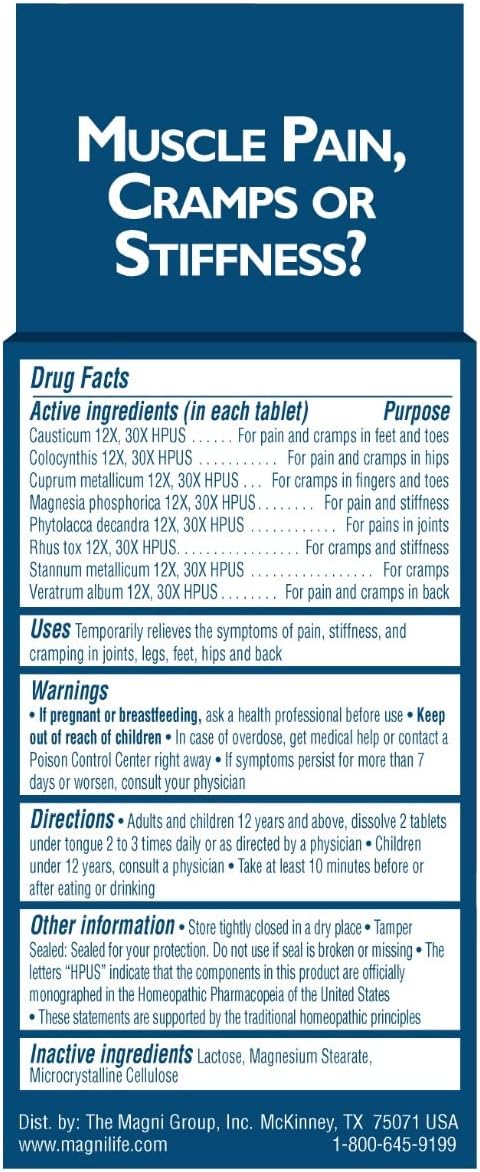 MagniLife Muscle Cramp Pain Relief Quick-Dissolve Tablets, 125 Count, Quinine-Free Homeopathic Medicine for Leg, Foot, Hip, Joint & Back Pain Relief, Helps Ease Muscle Ache, Cramping & Stiffness