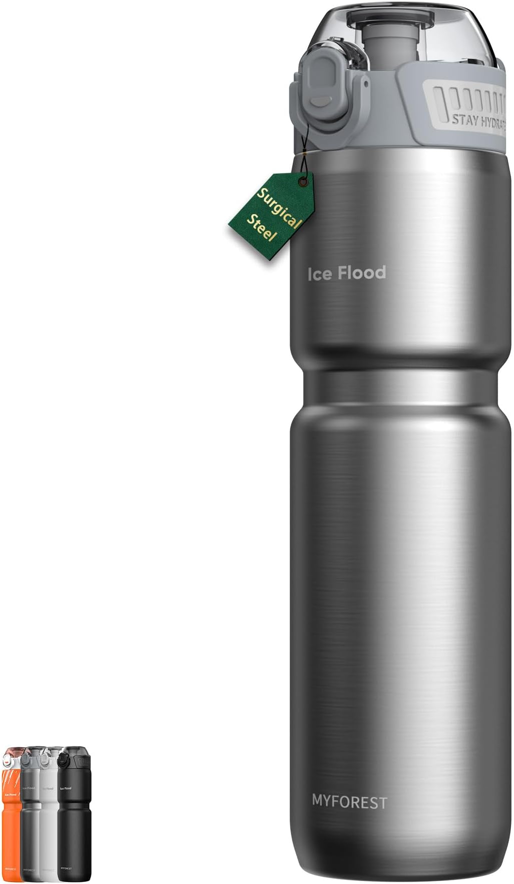 MYFOREST 24oz/700ml Insulated Bike Water Bottle, Odor-Free Surgical Steel Liner, Stronger Grip for Rough Trails, Quick-Open Chug/Straw 2-in-1, Dirt Cap (Glossy Steel)