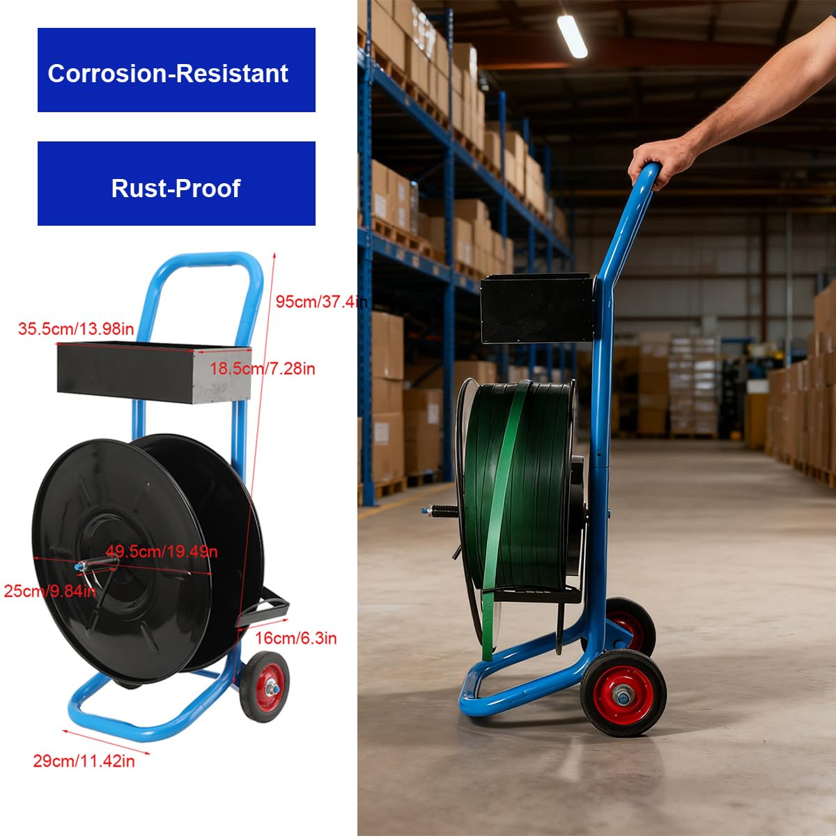 Abrollwagen Umreifungswagen für PP PET Polyesterfaserband Umreifungsbänder Umreifungsgerät, Fahrbarer Abroller Verpackungsriemenwagen für Kerndurchmesser 203 mm, Max Load 70Kg