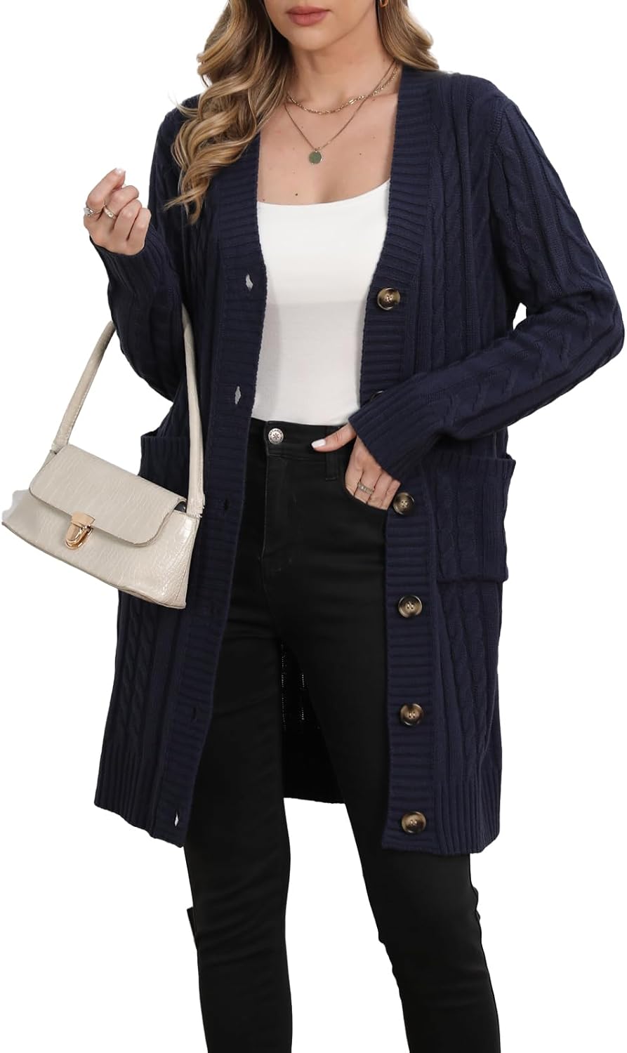 Womens Cardigan Sweaters Cable Knit Cardigan 2025 Fall Winter Button Down Sweater with Pockets