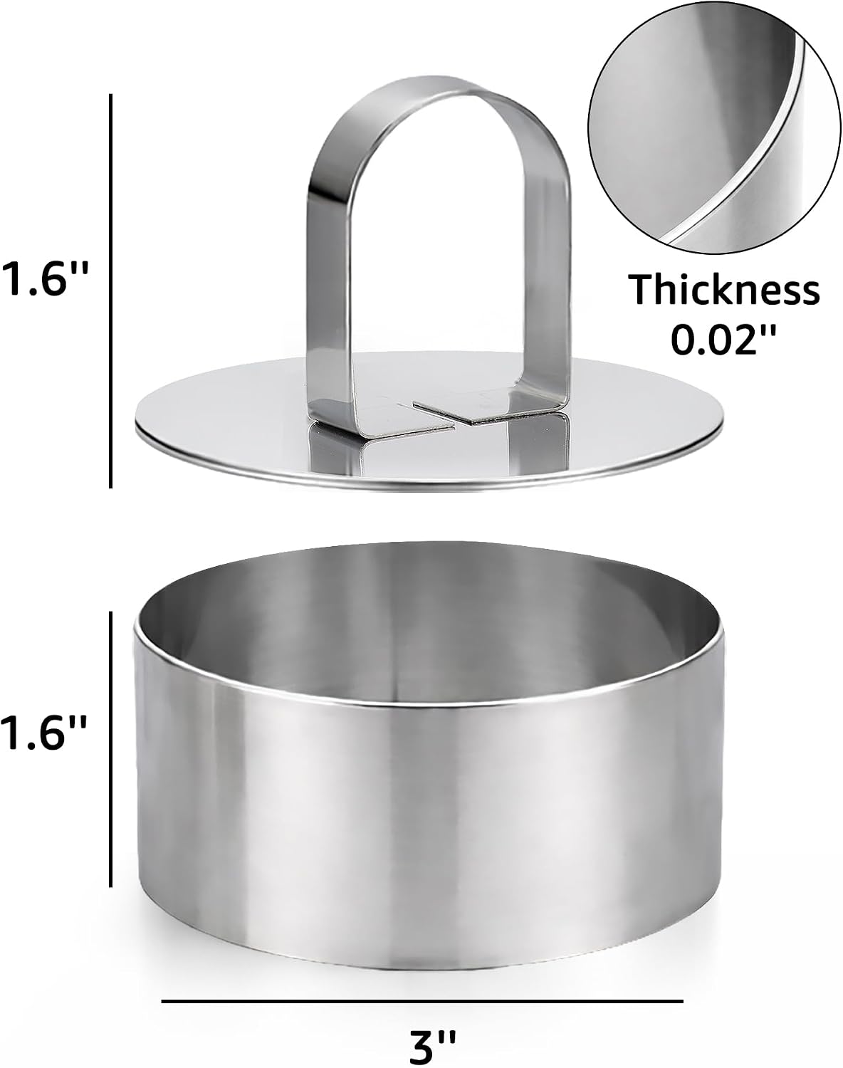 Ring Molds for Cooking, 3'' Stainless Steel Food Rings with Pusher