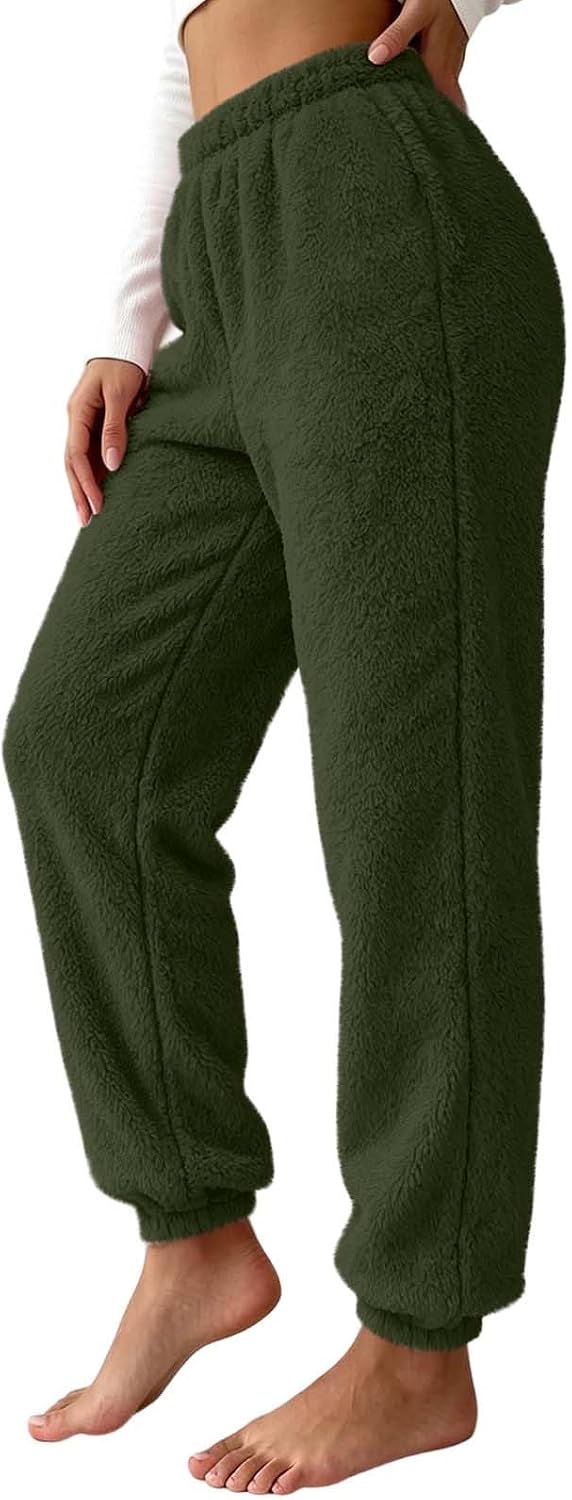 Womens Fleece Jogger Pants Elastic High Waist Warm Sleep Bottoms