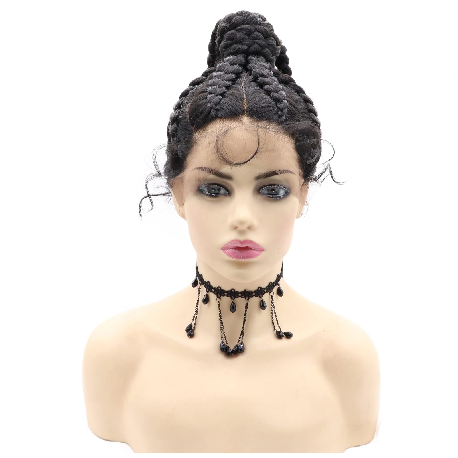 karissa Hair Long Black Braided Wigs for Women Soft 7 Box Braid Cornrow Ponytail Wig with Baby 360 Braids Afro Realistic Full Lace Synthetic Braiding Heat Resistant Fiber Cosplay Daily - Image 2