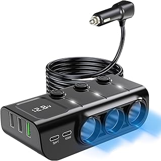 8 in 1 Cigarette Lighter Splitter, LIHAN 3 Socket Car Charger Adapter, Type-C QC3.0 PD36W Dual USB Charger Port, Car 12V/2...