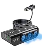 8 in 1 Cigarette Lighter Splitter, LIHAN 3 Socket Car Charger Adapter, Type-C QC3.0 PD36W Dual USB Charger Port, Car 12V/24V Plug Outlet with Independent Switches, LED Voltmeter(3.3FT Cable)