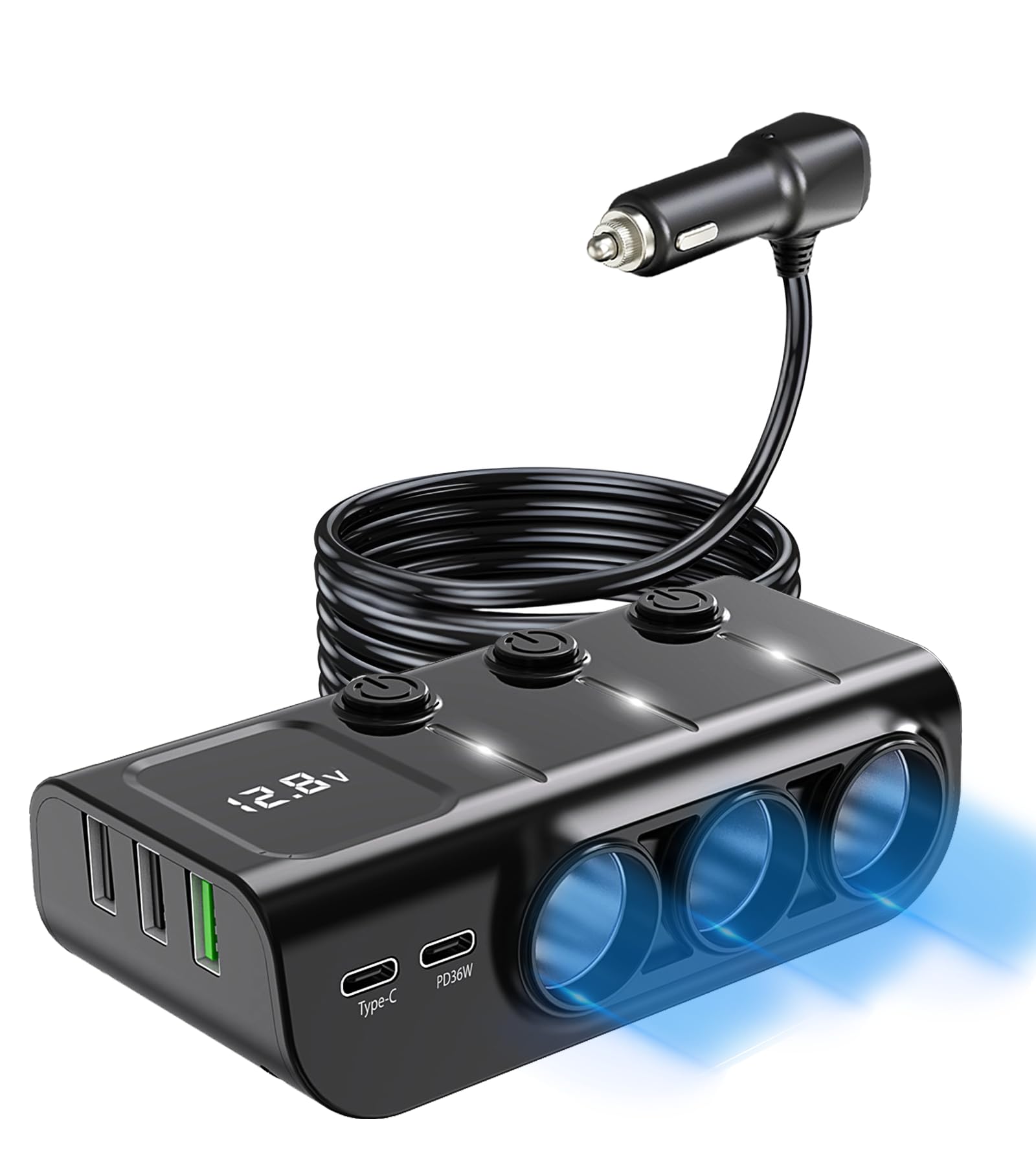 8 in 1 Cigarette Lighter Splitter, LIHAN 3 Socket Car Charger Adapter, Type-C QC3.0 PD36W Dual USB Charger Port, Car 12V/24V Plug Outlet with Independent Switches, LED Voltmeter(3.3FT Cable)
