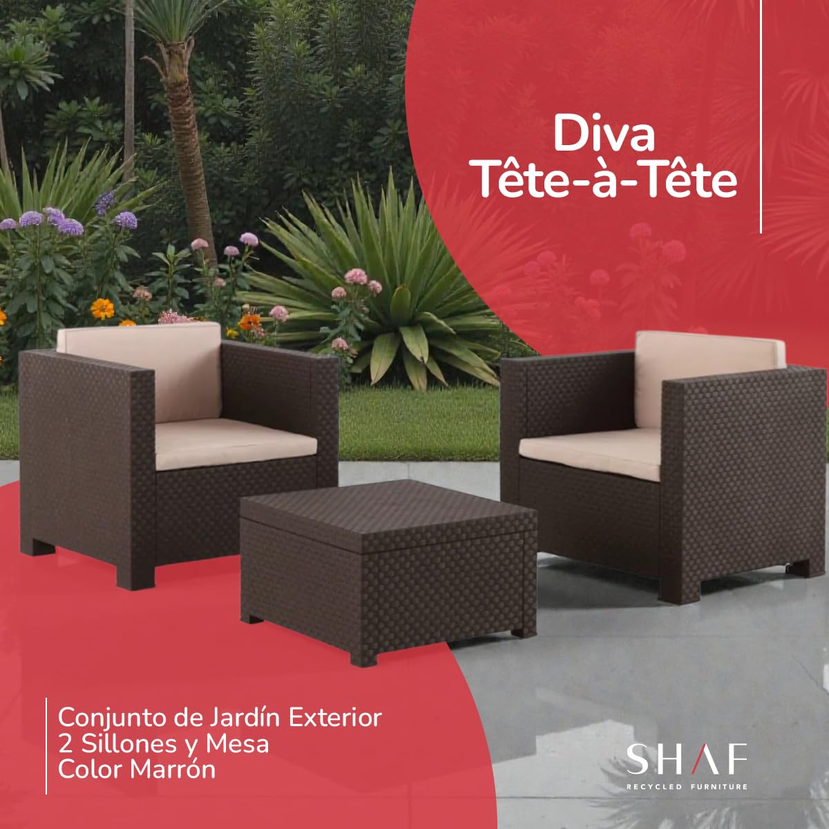 SP Berner - Set de Muebles de Jardín y Terraza Diva Tete a Tete Color Wengue - 2 Sillones y Mesa de Centro con Almacenaje - Fabricado en España con Plástico Reciclado