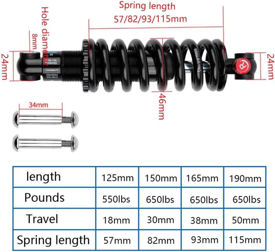 Bicycle Rear Shocks Oil Spring MTB Rear Shock Absorber, Suspension Damping Black 125/150/165/ 190mm for Soft Tail/Electric Bikes (Color : 165mm/650lbs)
