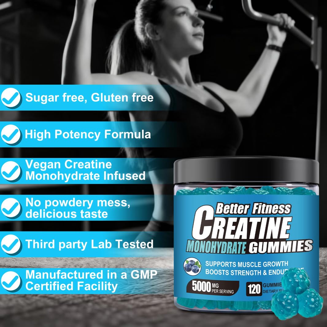 Creatine Gummies - NSF Certified, 5G per Serving with L-Taurine, Blueberry, 120 Count, Muscle Growth, Strength, Recovery and Energy Supplement, Vegan, No Sugar, Men & Women, 30 Servings — Amazon image 4