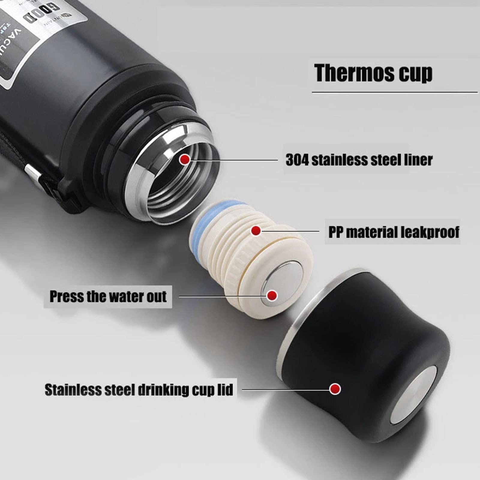 Trinkflaschen Isolierflasche 1L, Doppelschichtige Wasserflasche aus Edelstahl 304, 24 Stunden warm halten, Outdoor Durable Portable Travel Mug Camping Wanderflaschen,Metallic