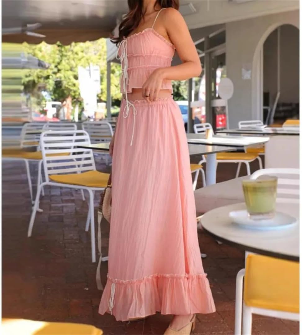 Women's Summer Sexy Two Piece Set Suspender Bow Pleated Top And Skirt Slim Elegant Seaside Vacation Suit