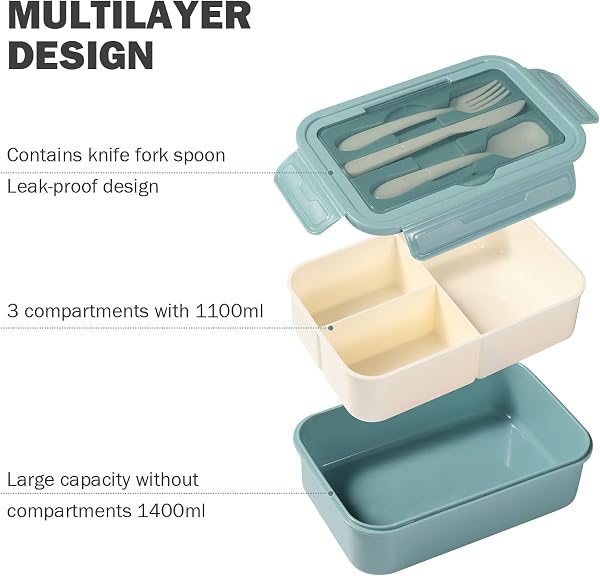 Diboniur Lunch Box, Porta Pranzo con Posate, 1400ml Bambino Adulto Bento Box con 3 Scomparti, Schiscetta Contenitore Pranzo per Microonde Lavoro Picnic Ufficio (Blu) - 5