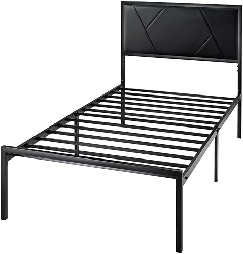 Miniatura 8 de Marco de cama de metal tamaño individual con cabecera tapizada, diseño geométrico de cuero de grano litchi, no necesita somier, color negro