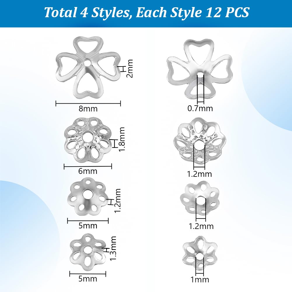 PH PandaHall 48pcs 925 Sterling Silver Bead Caps, 4 Styles Flower Bead End Caps Multi-Petal Spacer Beads Caps Filigree End Charm Caps Bails for DIY Earring Braceket Necklace Jewelry Making
