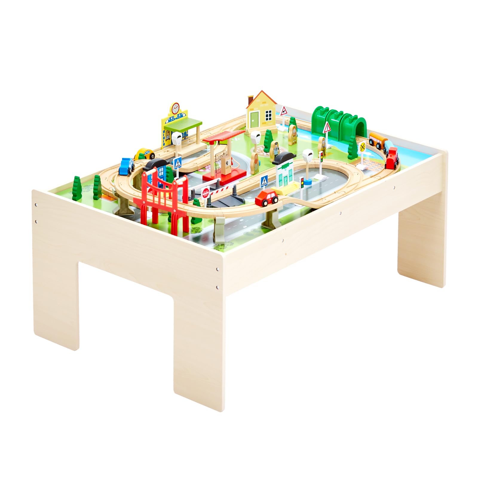 VEVOR Holz Aktivitätstisch, 84-teilig, mit zusammenklappbarem Aufbewahrungsbehälter, 3-in-1-Eisenbahnset zum Spielen, Malen, Lesen, Essen, kreatives Spielzeugset für Kinder ab 3 Jahren