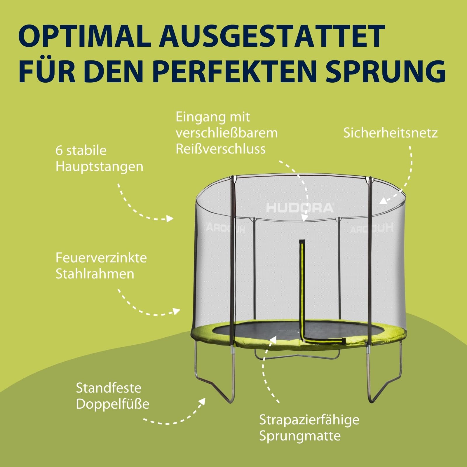 HUDORA Fabulous Trampolin - Trampolin Outdoor mit Sicherheitsnetz - Gartentrampolin für Kinder, Jugendliche und Erwachsene - Mehrfarbig