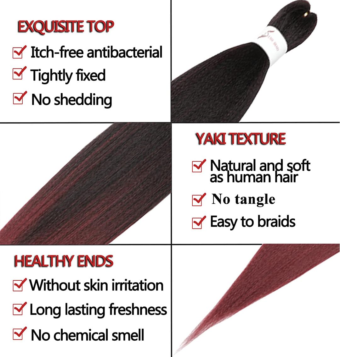 8 paquetes de extensiones de cabello sintético profesional trenzado de ganchillo de 32 pulgadas, textura Yaki suave, ajuste de agua caliente, color negro natural degradado a borgoña (32 pulgadas, 1B