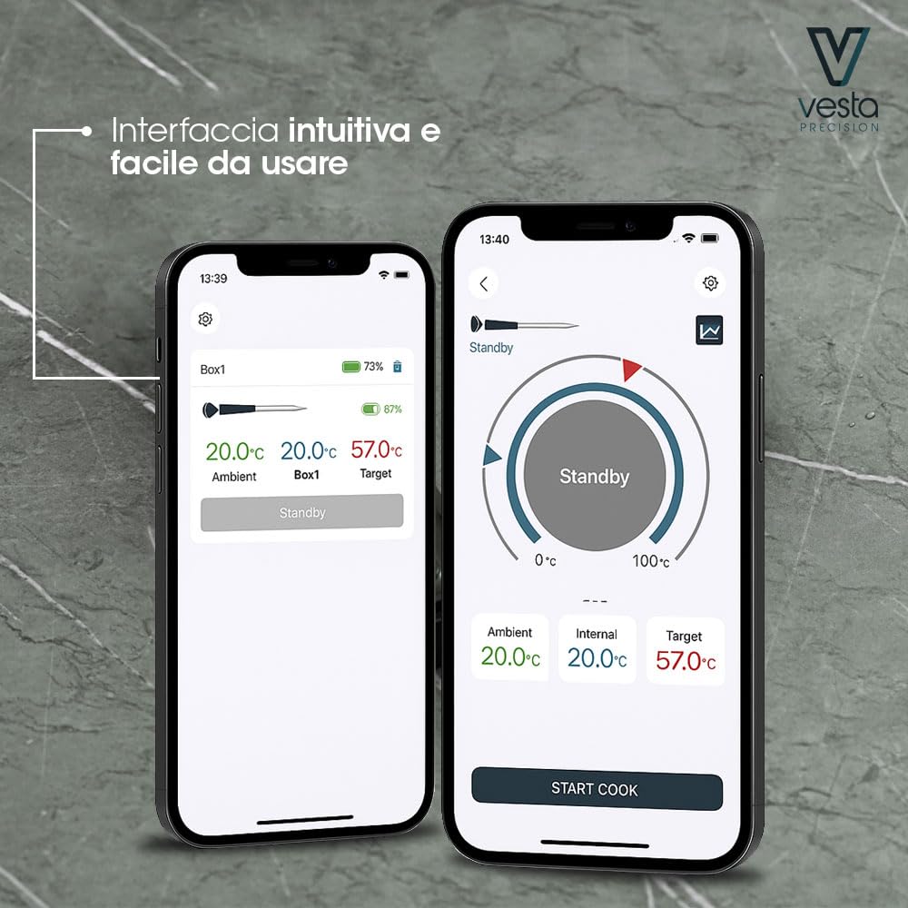 Vesta Precision Termometro Wireless per Barbecue Vestemp BP20 | Sonda di Cottura Intelligente con Bluetooth e Wi-Fi, display LED, Lavabile in Lavastoviglie, Durata della Batteria di 72h