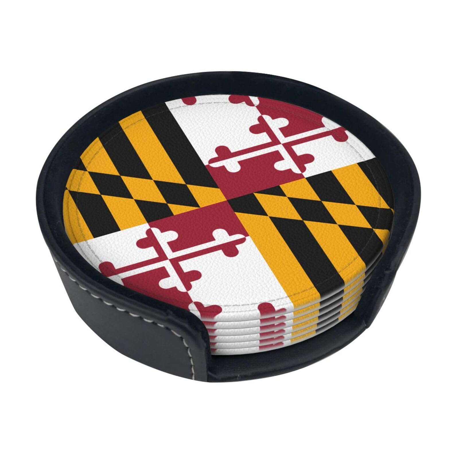 Maryland State Flag Printed Coaster Set, with Holders, 6 Pieces. Suitable for Dining Tables, Kitchen Decor, and Coffee Tables.