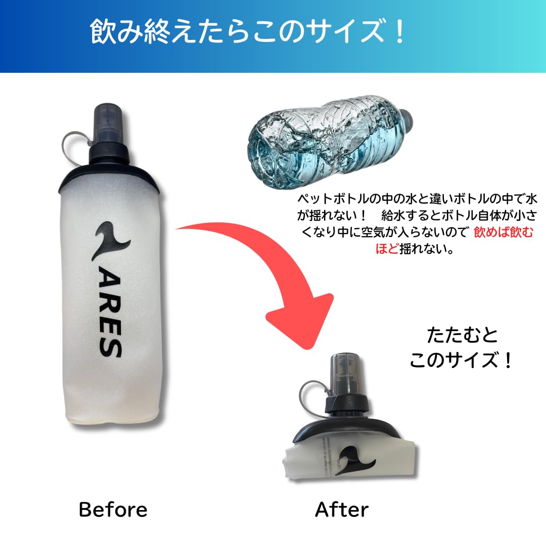 【揺れない＆軽量】ランニング ソフトフラスク 500ml ARES 給水ボトル （ソフトフラスコ）折りたたみ式 ハイドレーションボトル ランニングポーチ対応 マラソン・トレラン・ジョギング - 3