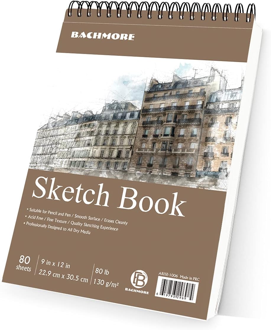 Bachmore Sketchpad 9X12 Inch (88lb/130g), 80 Sheets of Spiral Bound Sketch Book for Artist Pro & Amateurs | Marker Art, Colored Pencil, Charcoal for Sketching