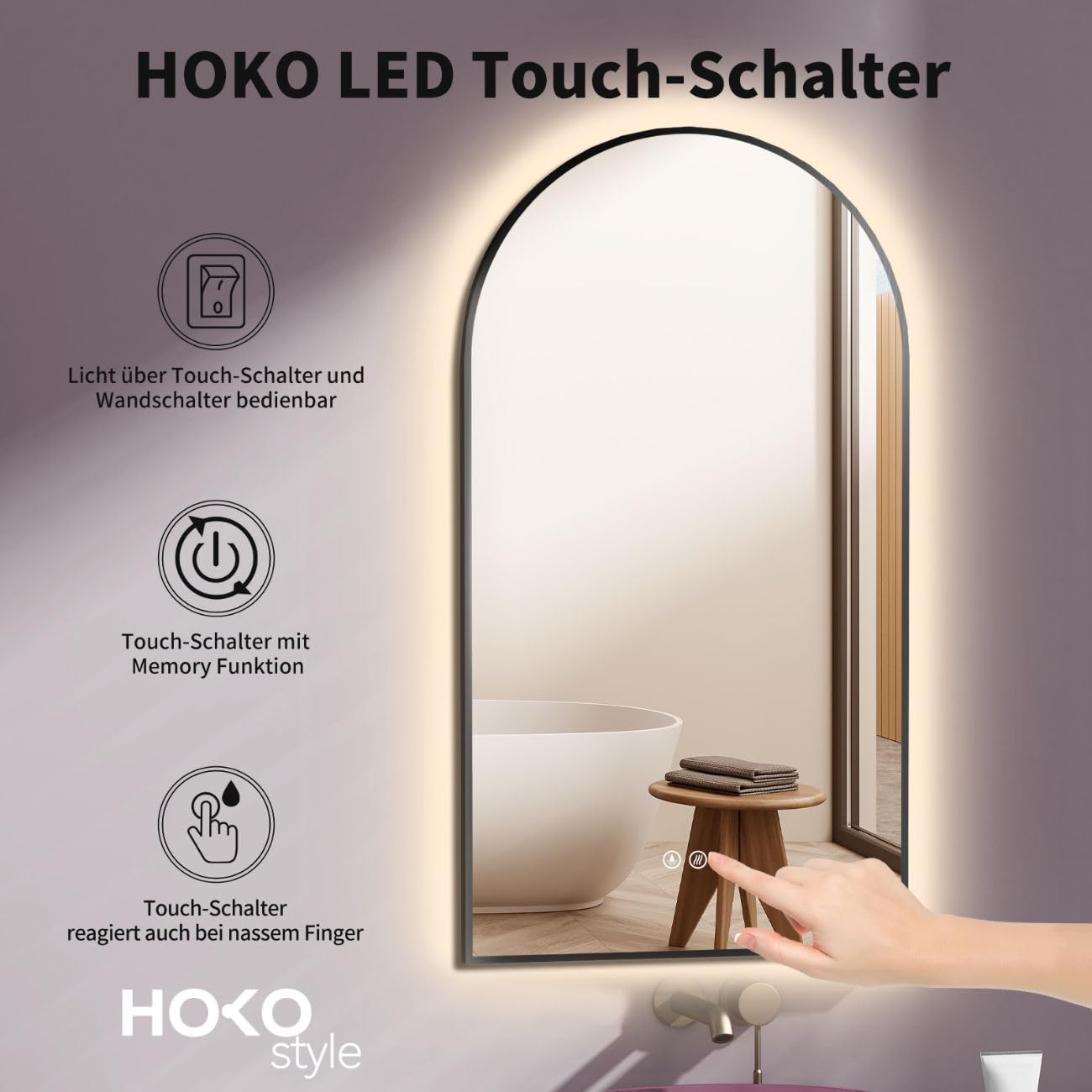 HOKO Antibeschlag LED Bogenspiegel 60x100 cm / 100x60 cm Fontana mit Schwarzer Metallrahmen, HOCH+QUER Montage. Arch Badspiegel+Touch Schalter+Licht Wechsel 2700-6500K, Warmweiß-Kaltweiß-Neutral